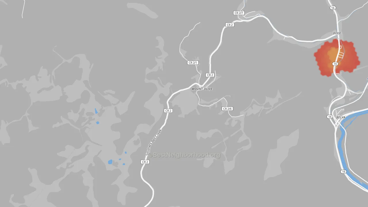 Walk Grade map of 25185, WV, walkable areas in green and car-dependent areas in red
