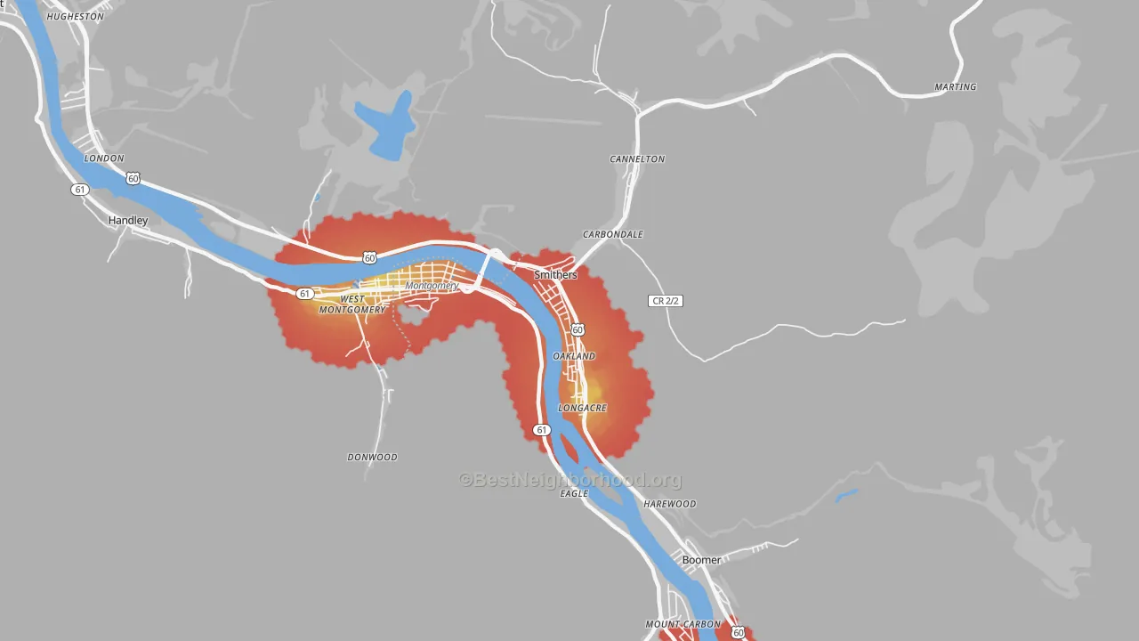 Walk Grade map of 25186, WV, walkable areas in green and car-dependent areas in red