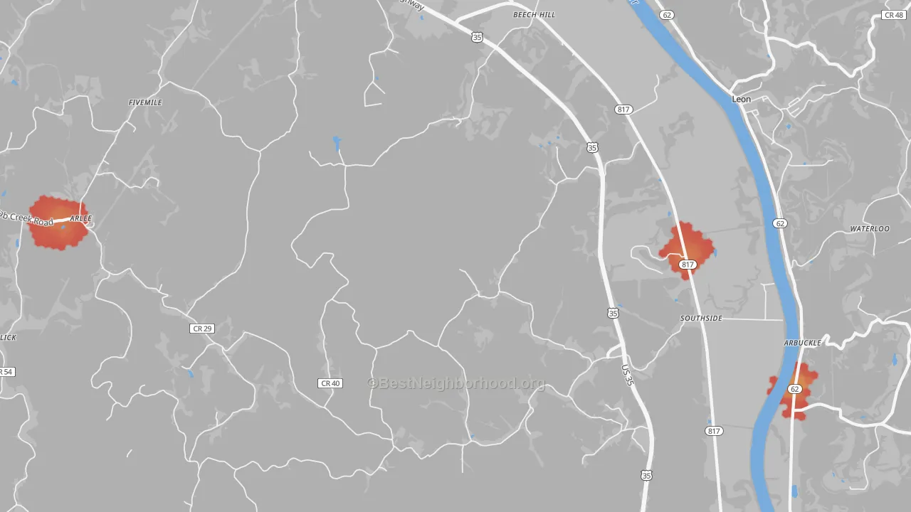 Walk Grade map of 25187, WV, walkable areas in green and car-dependent areas in red