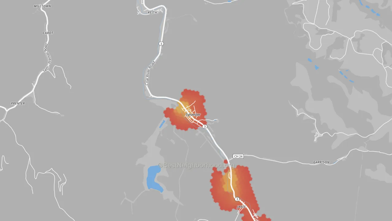 Walk Grade map of 25193, WV, walkable areas in green and car-dependent areas in red