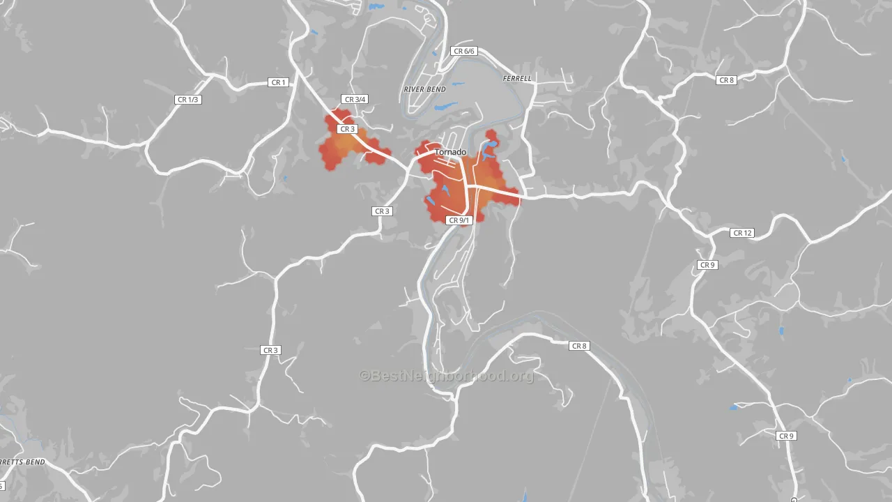 Walk Grade map of 25202, WV, walkable areas in green and car-dependent areas in red