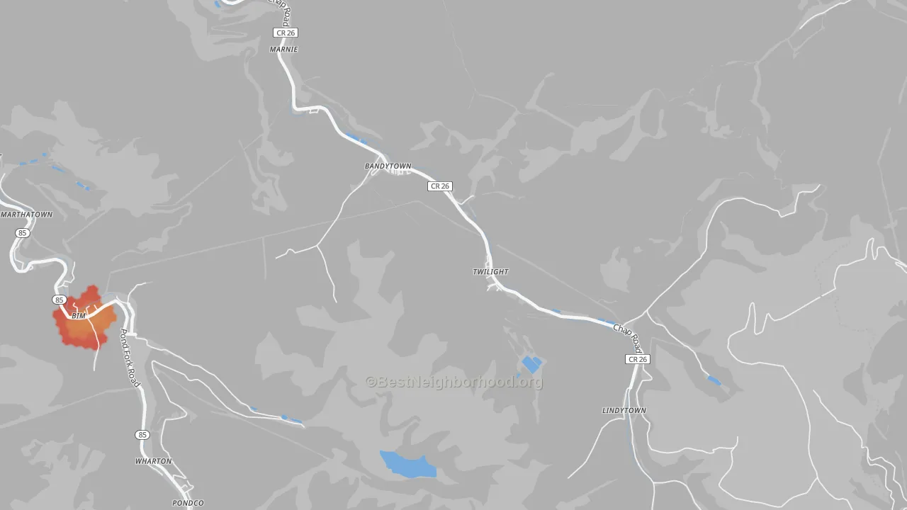 Walk Grade map of 25204, WV, walkable areas in green and car-dependent areas in red