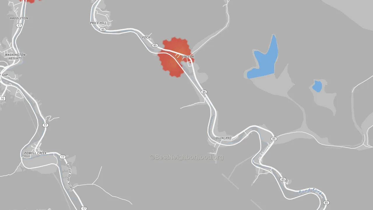Walk Grade map of 25205, WV, walkable areas in green and car-dependent areas in red