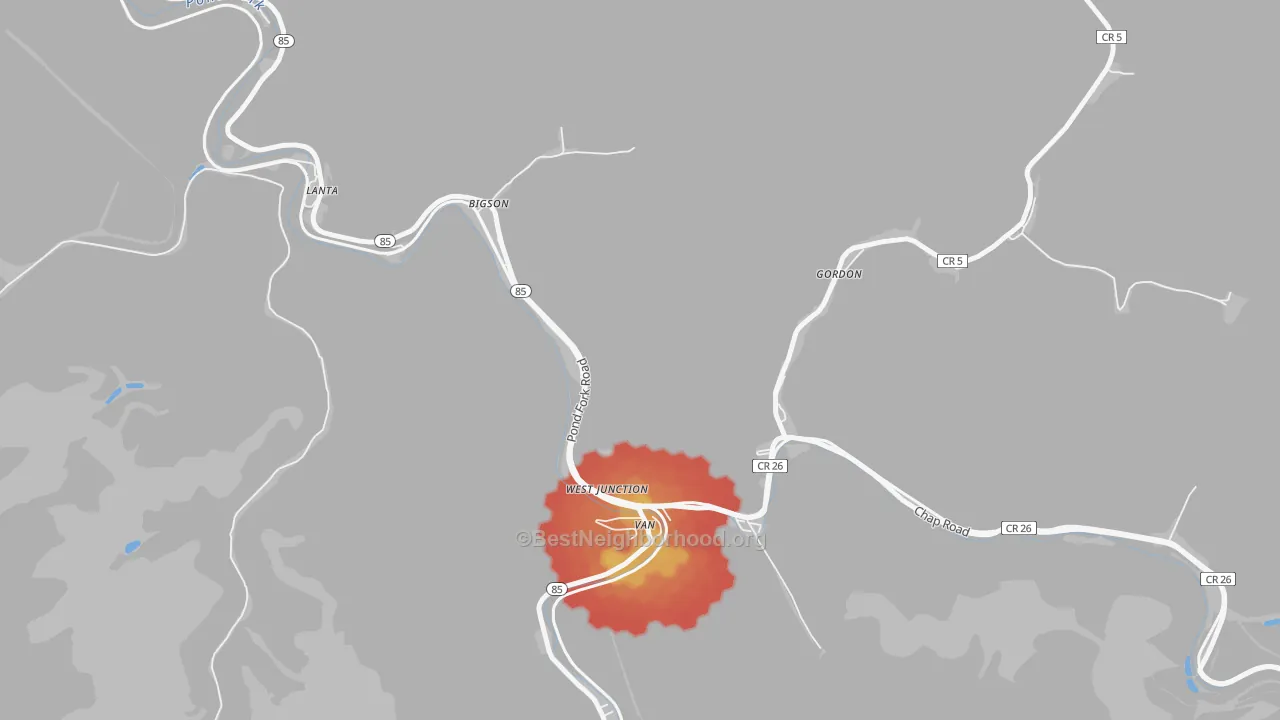 Walk Grade map of 25206, WV, walkable areas in green and car-dependent areas in red
