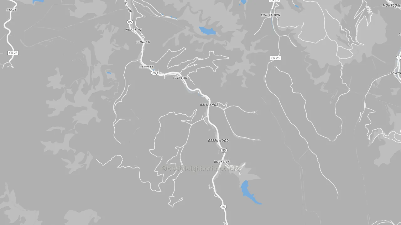 Walk Grade map of 25208, WV, walkable areas in green and car-dependent areas in red