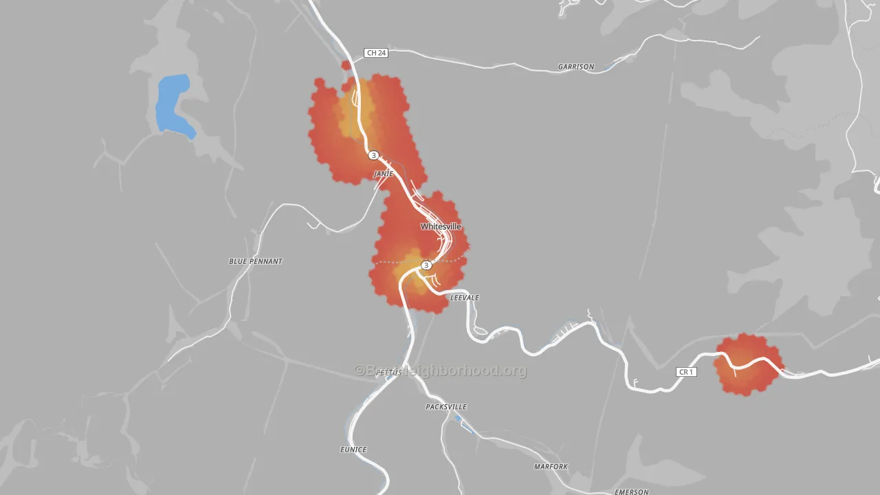 Walk Grade map of 25209, WV, walkable areas in green and car-dependent areas in red