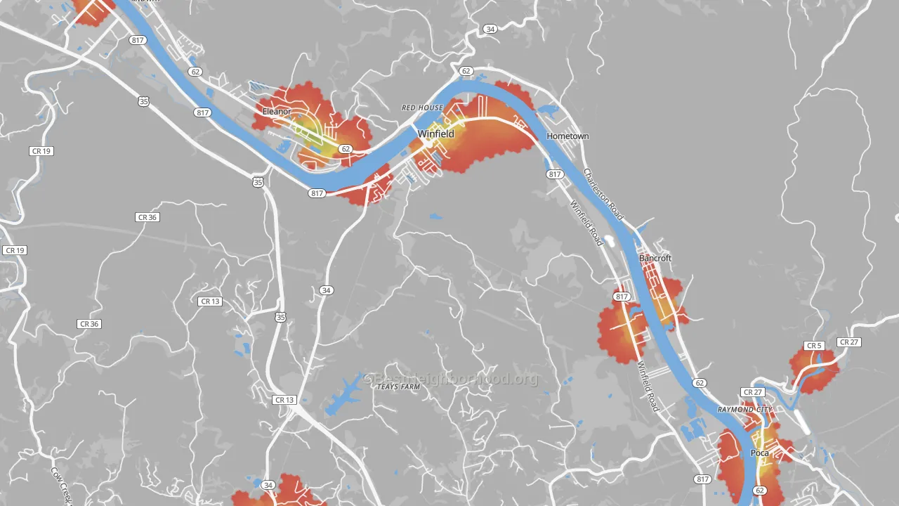 Walk Grade map of 25213, WV, walkable areas in green and car-dependent areas in red