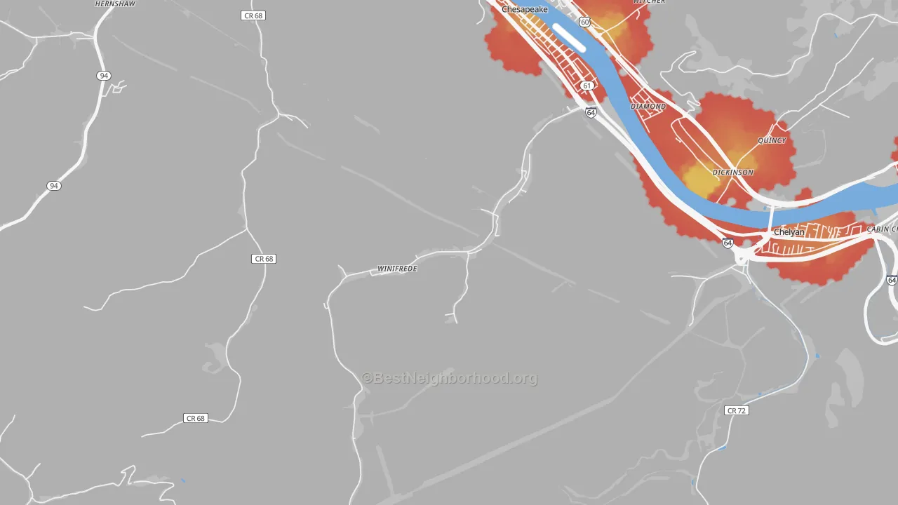 Walk Grade map of 25214, WV, walkable areas in green and car-dependent areas in red