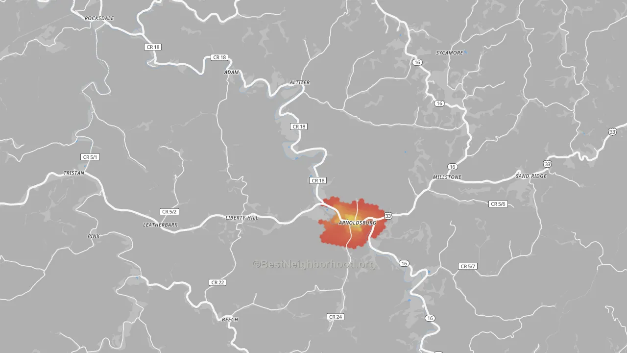 Walk Grade map of 25234, WV, walkable areas in green and car-dependent areas in red