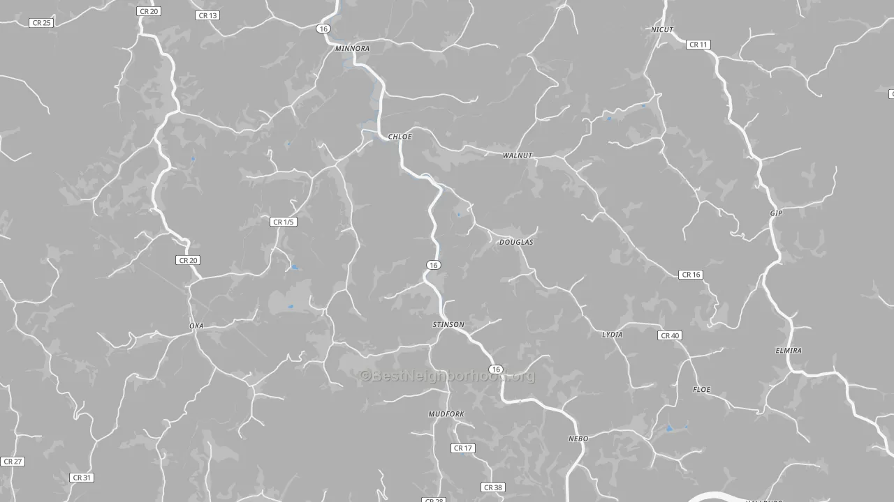 Walk Grade map of 25235, WV, walkable areas in green and car-dependent areas in red