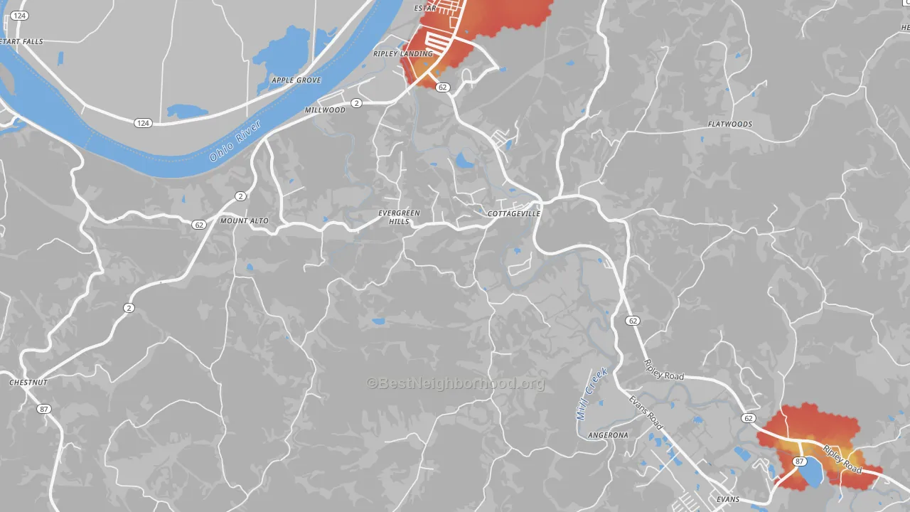 Walk Grade map of 25239, WV, walkable areas in green and car-dependent areas in red