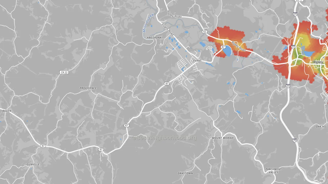 Walk Grade map of 25241, WV, walkable areas in green and car-dependent areas in red