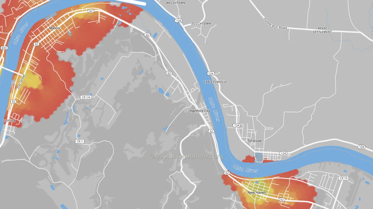 Walk Grade map of 25247, WV, walkable areas in green and car-dependent areas in red