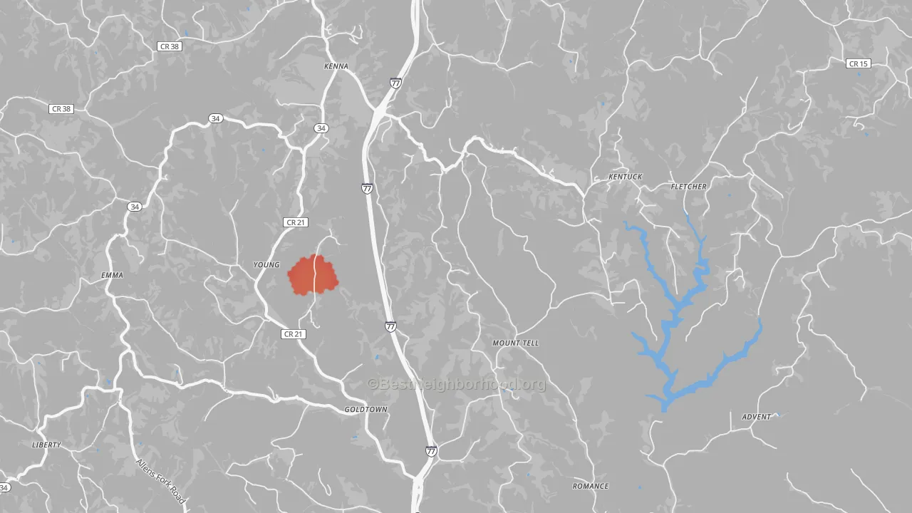 Walk Grade map of 25248, WV, walkable areas in green and car-dependent areas in red