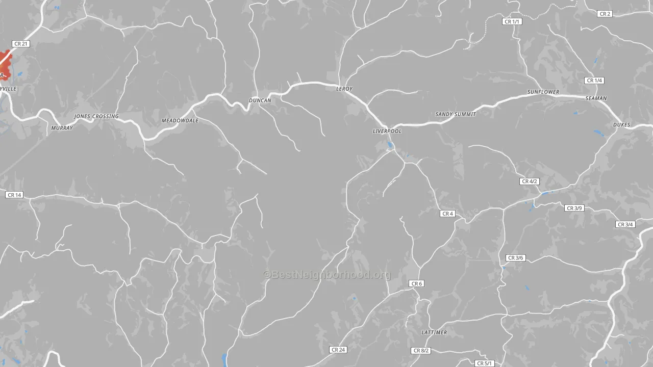 Walk Grade map of 25252, WV, walkable areas in green and car-dependent areas in red