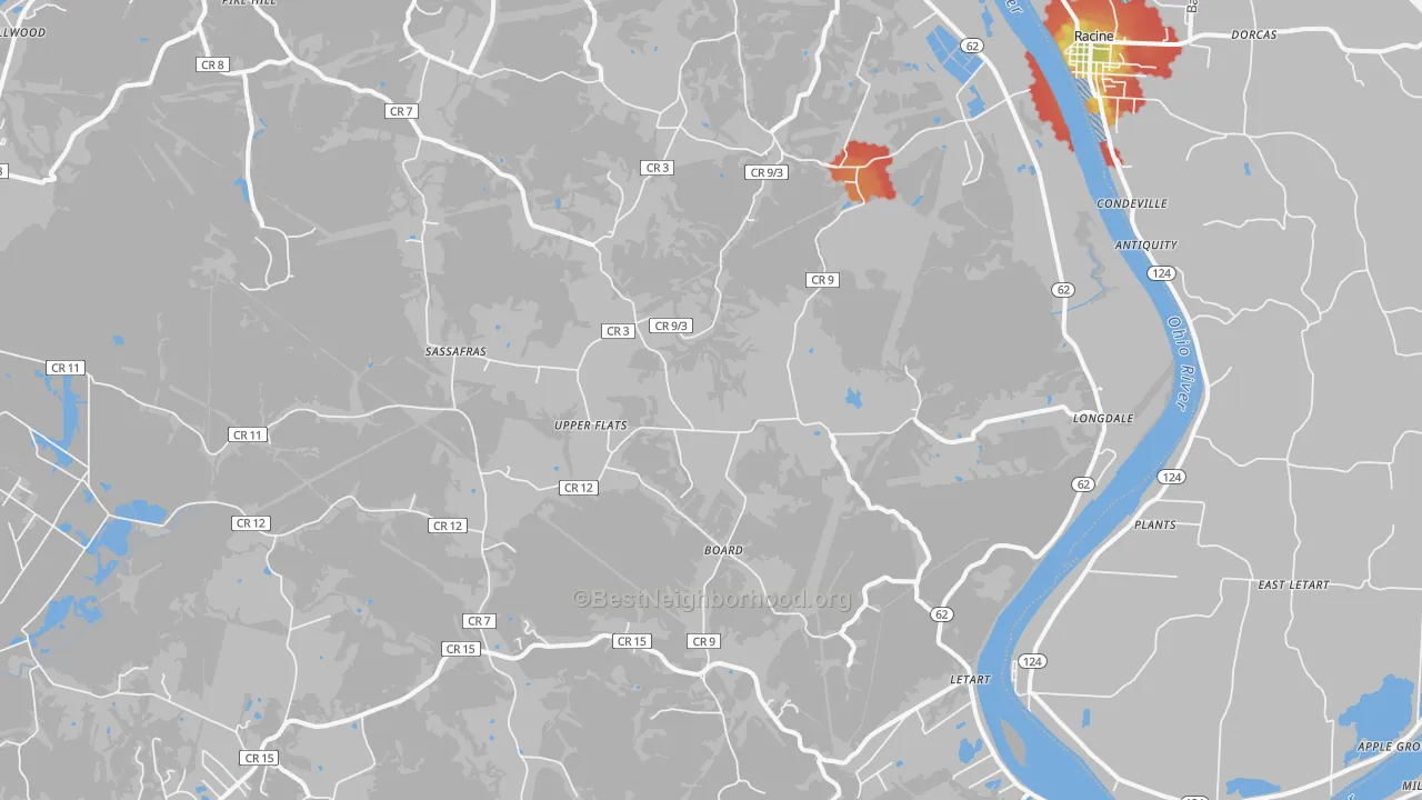 Walk Grade map of 25253, WV, walkable areas in green and car-dependent areas in red