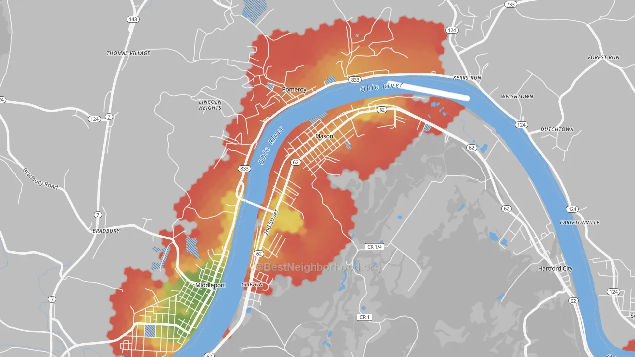 Walk Grade map of 25260, WV, walkable areas in green and car-dependent areas in red