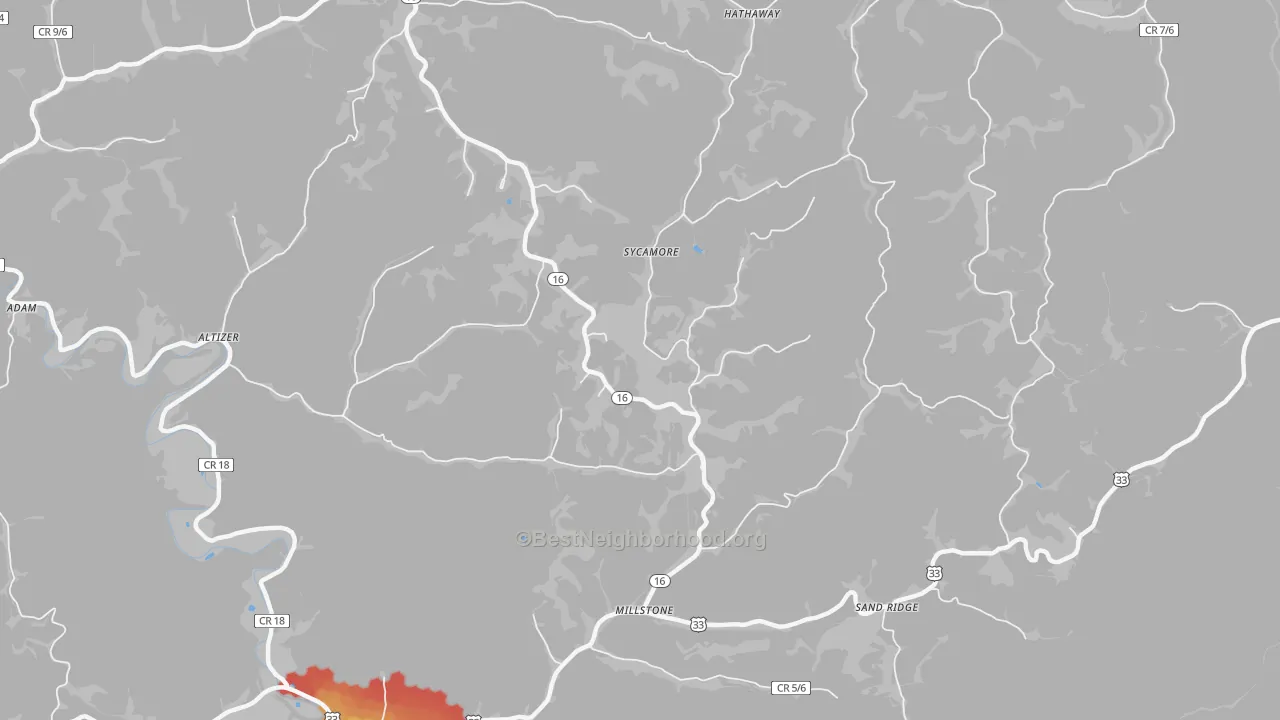Walk Grade map of 25261, WV, walkable areas in green and car-dependent areas in red