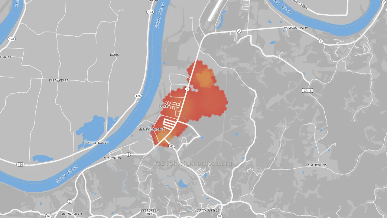 Walk Grade map of 25262, WV, walkable areas in green and car-dependent areas in red