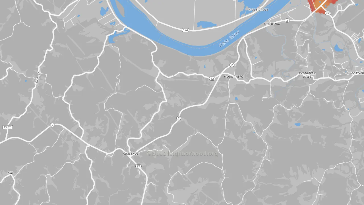 Walk Grade map of 25264, WV, walkable areas in green and car-dependent areas in red