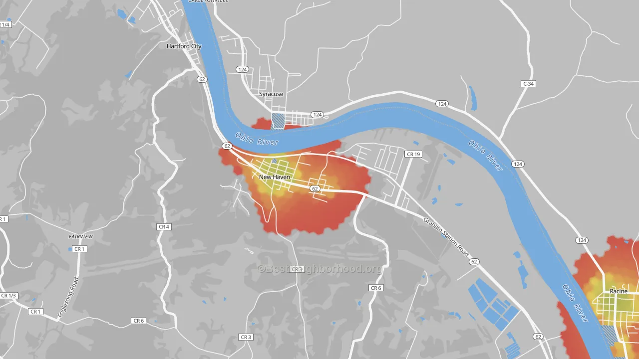 Walk Grade map of 25265, WV, walkable areas in green and car-dependent areas in red