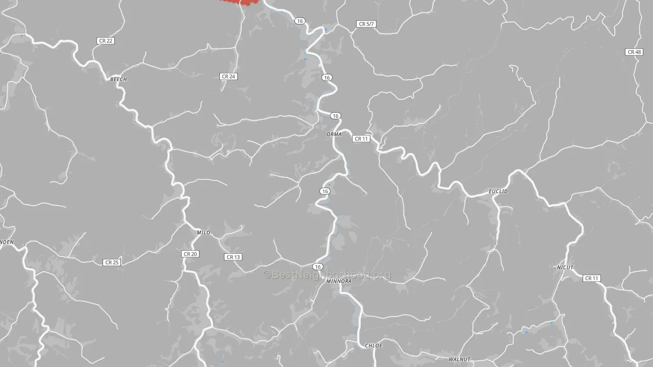 Walk Grade map of 25268, WV, walkable areas in green and car-dependent areas in red
