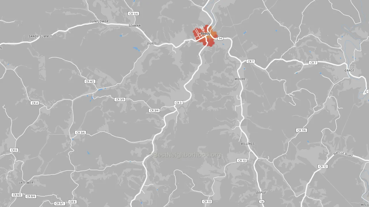 Walk Grade map of 25270, WV, walkable areas in green and car-dependent areas in red