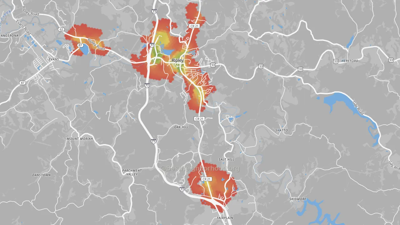 Walk Grade map of 25271, WV, walkable areas in green and car-dependent areas in red