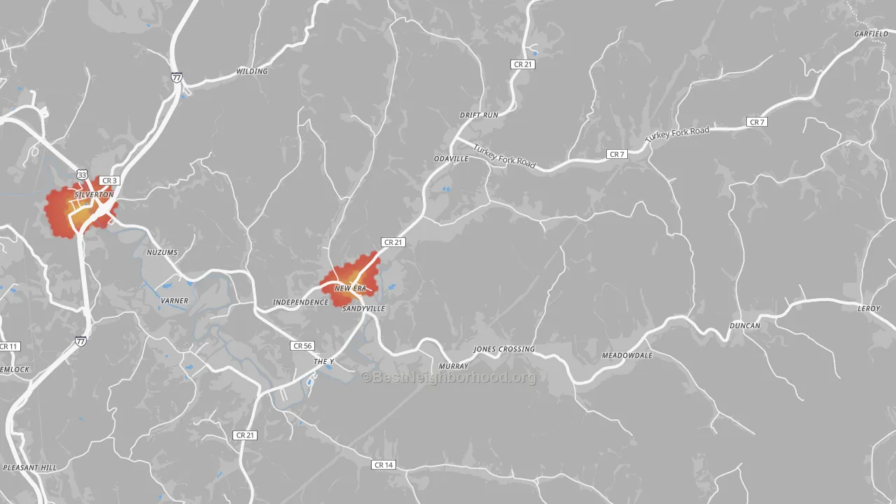 Walk Grade map of 25275, WV, walkable areas in green and car-dependent areas in red