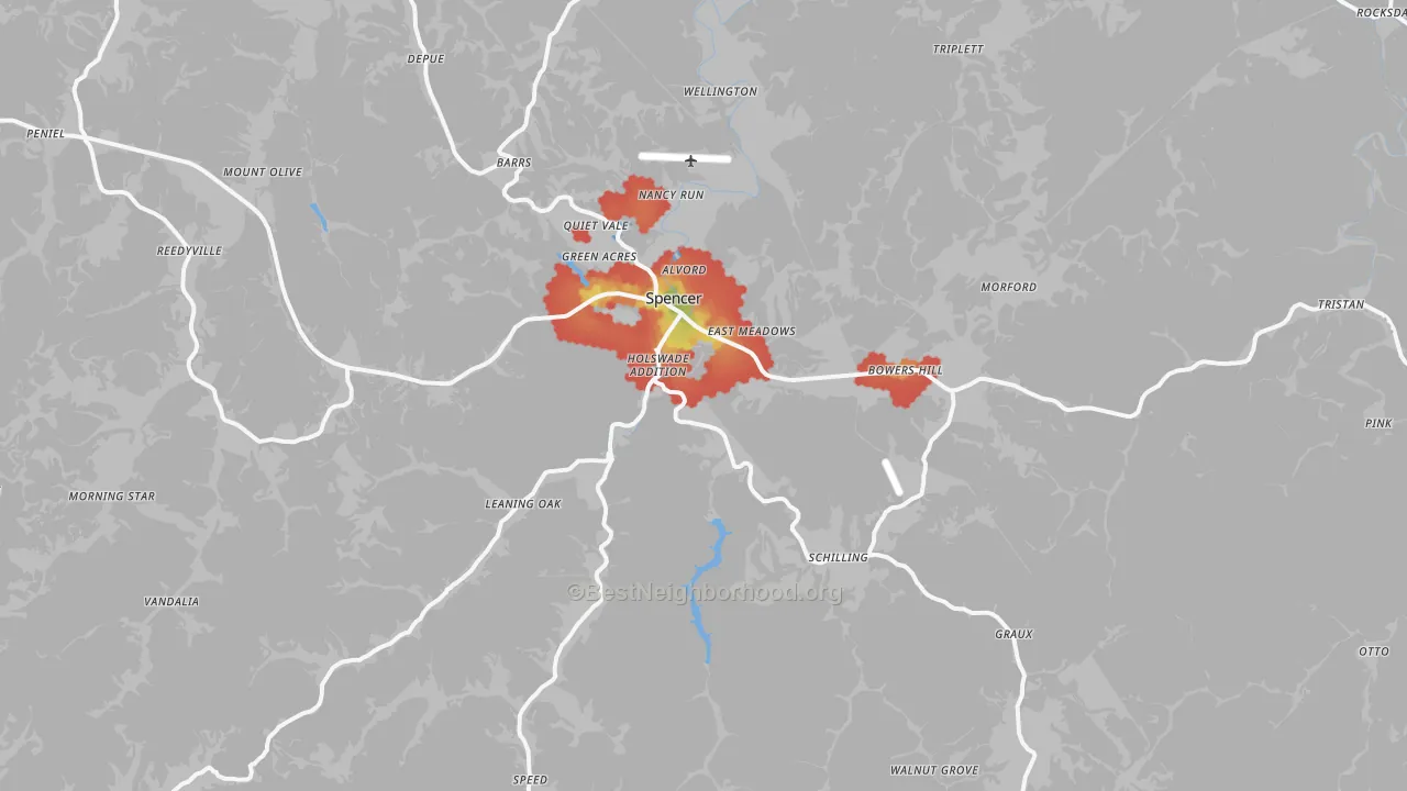 Walk Grade map of 25276, WV, walkable areas in green and car-dependent areas in red