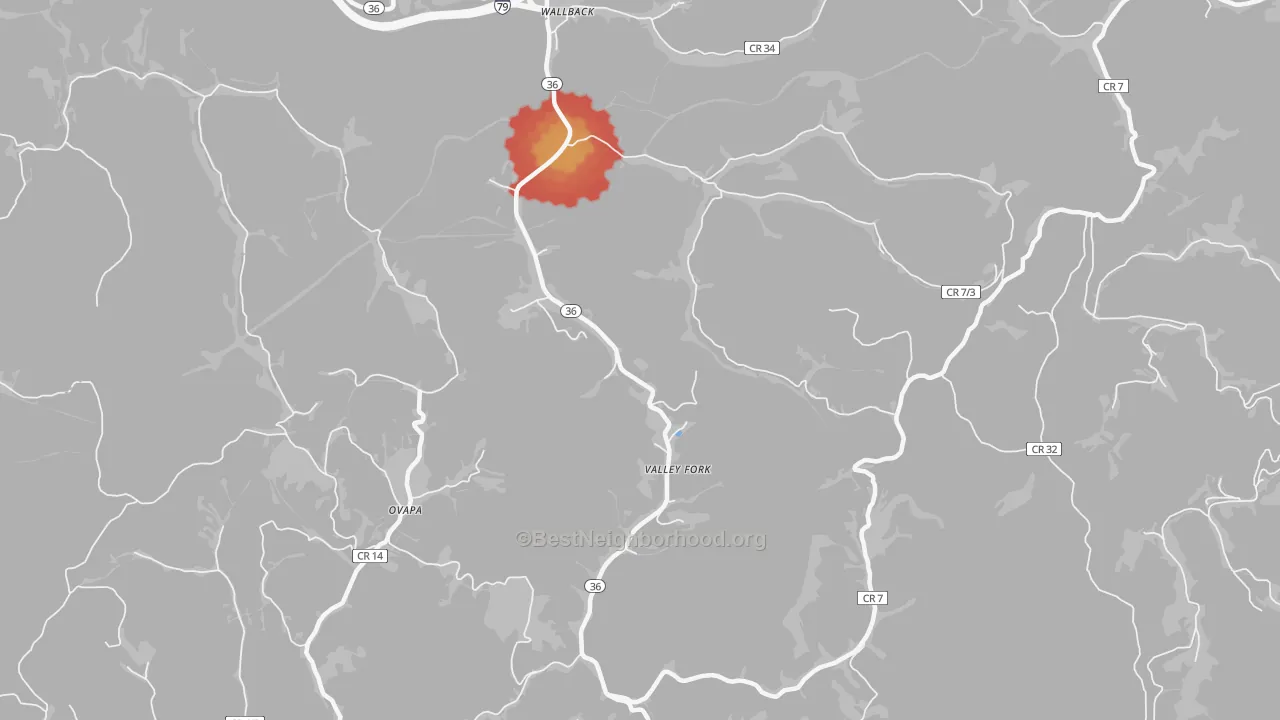 Walk Grade map of 25285, WV, walkable areas in green and car-dependent areas in red