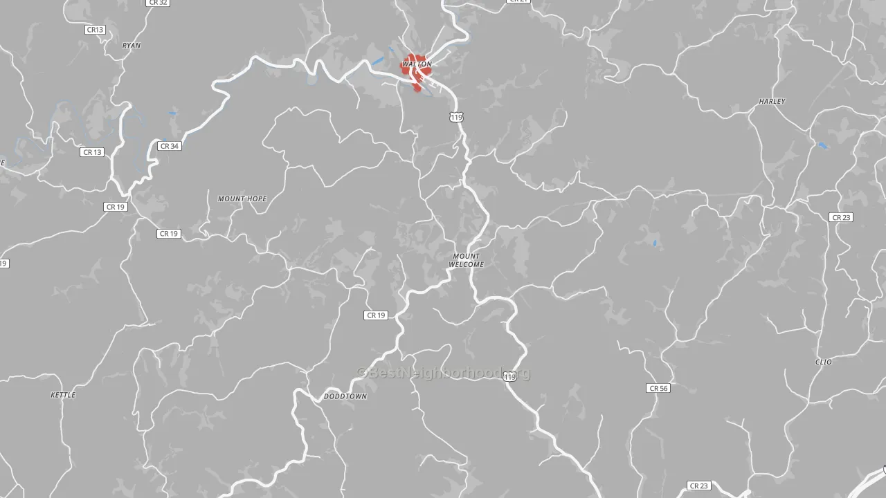 Walk Grade map of 25286, WV, walkable areas in green and car-dependent areas in red