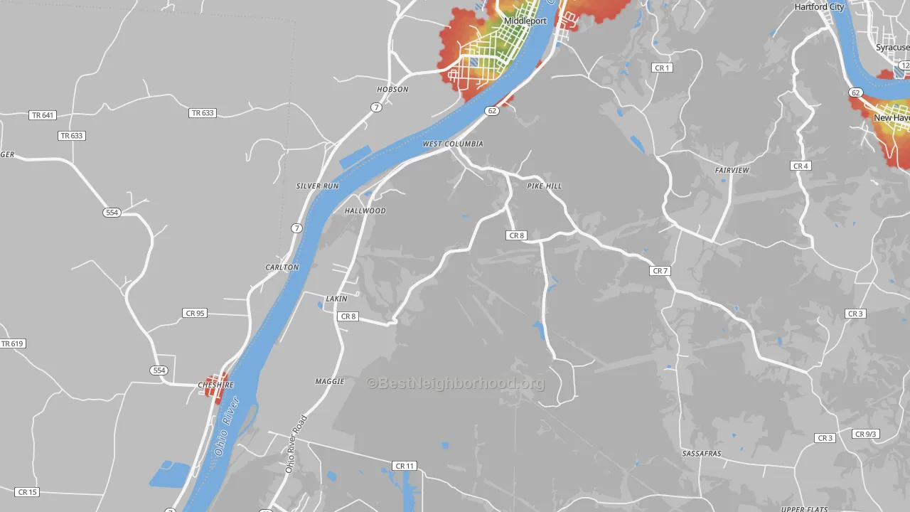 Walk Grade map of 25287, WV, walkable areas in green and car-dependent areas in red