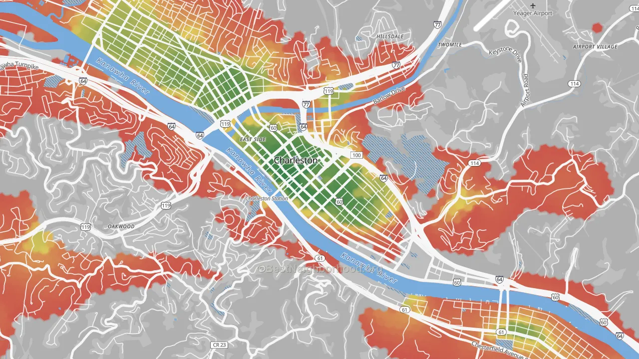 Walk Grade map of 25301, WV, walkable areas in green and car-dependent areas in red