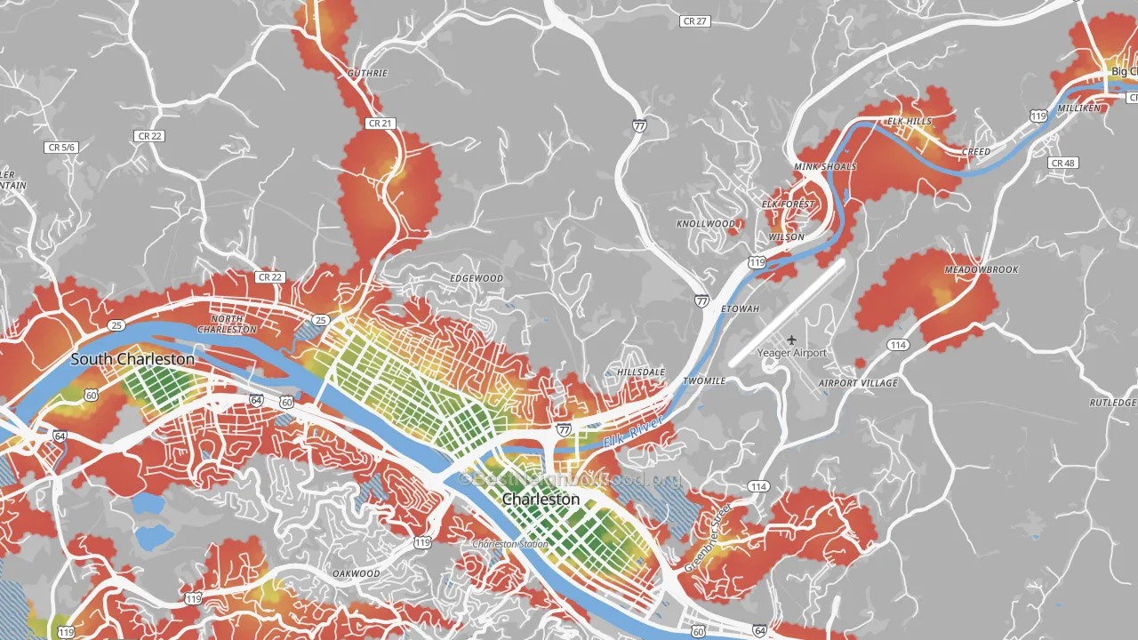 Walk Grade map of 25302, WV, walkable areas in green and car-dependent areas in red