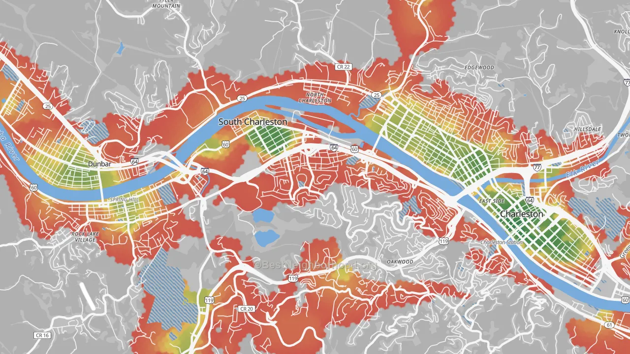 Walk Grade map of 25303, WV, walkable areas in green and car-dependent areas in red