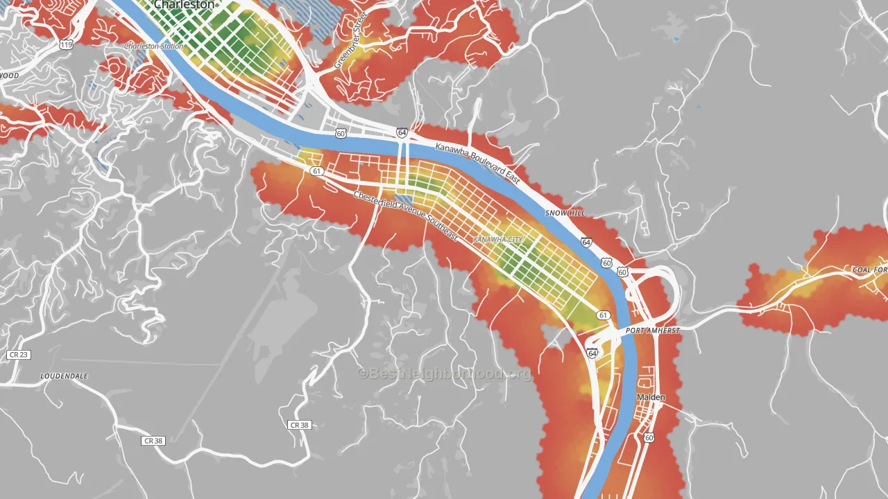 Walk Grade map of 25304, WV, walkable areas in green and car-dependent areas in red
