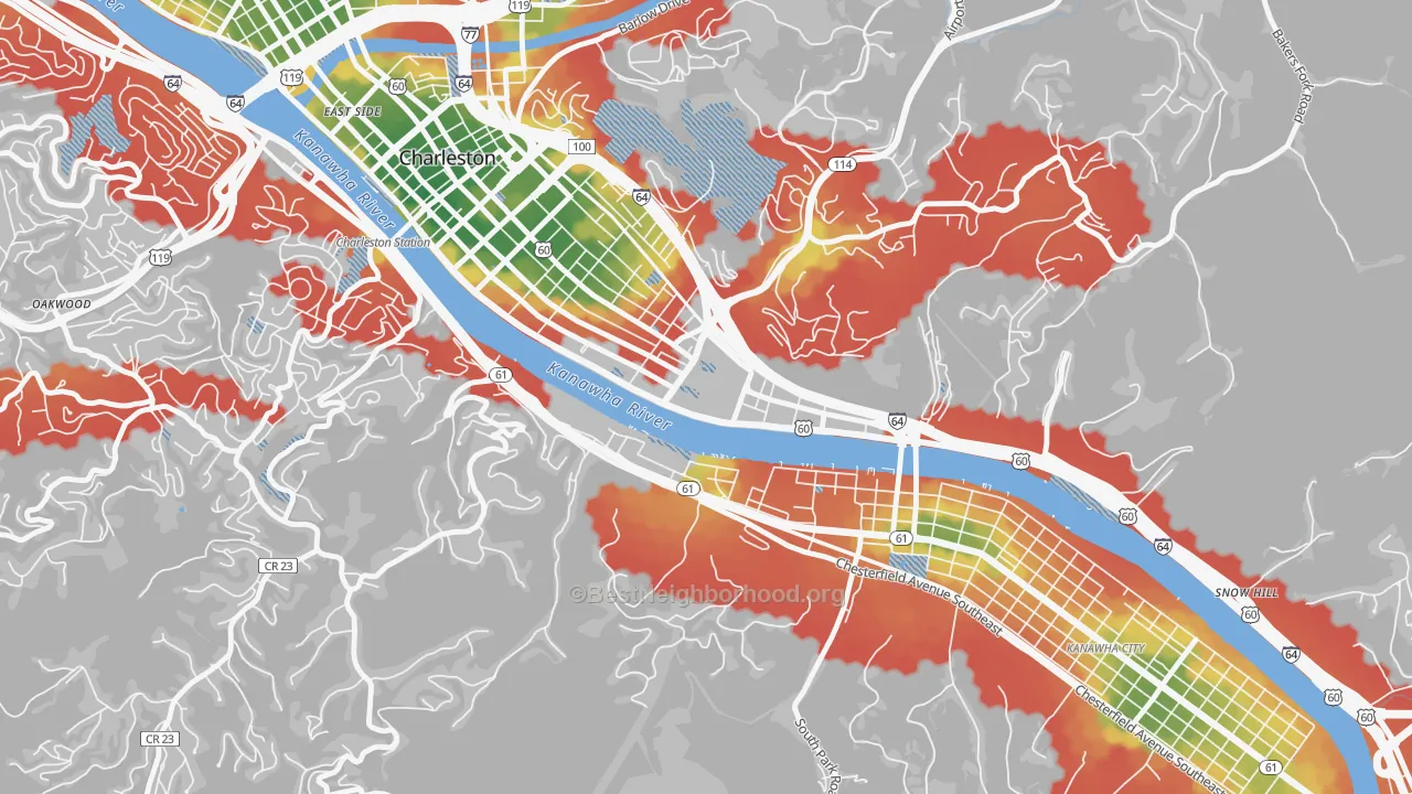 Walk Grade map of 25305, WV, walkable areas in green and car-dependent areas in red
