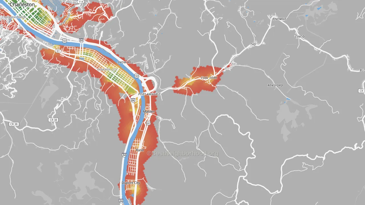 Walk Grade map of 25306, WV, walkable areas in green and car-dependent areas in red