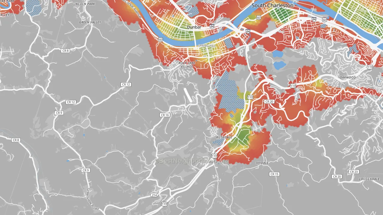Walk Grade map of 25309, WV, walkable areas in green and car-dependent areas in red
