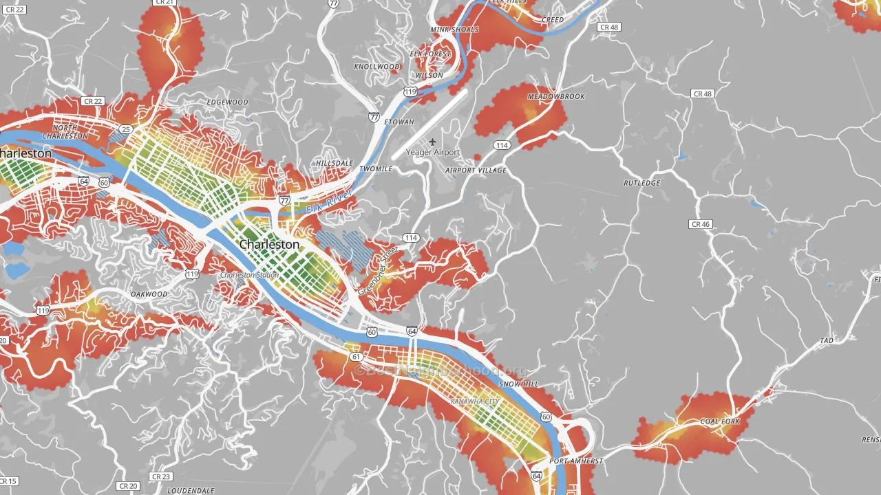 Walk Grade map of 25311, WV, walkable areas in green and car-dependent areas in red