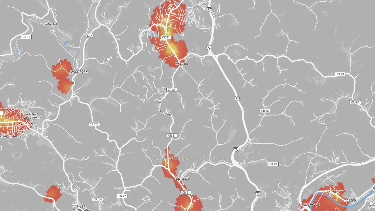 Walk Grade map of 25312, WV, walkable areas in green and car-dependent areas in red