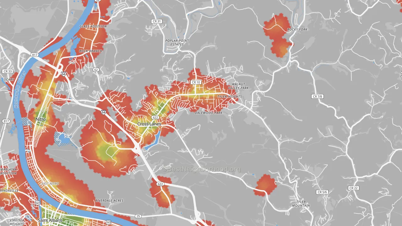 Walk Grade map of 25313, WV, walkable areas in green and car-dependent areas in red
