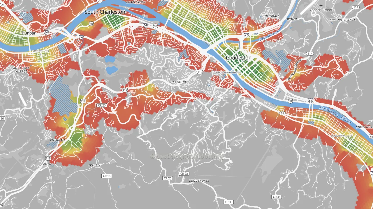 Walk Grade map of 25314, WV, walkable areas in green and car-dependent areas in red