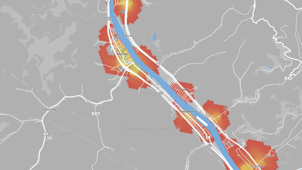 Walk Grade map of 25315, WV, walkable areas in green and car-dependent areas in red