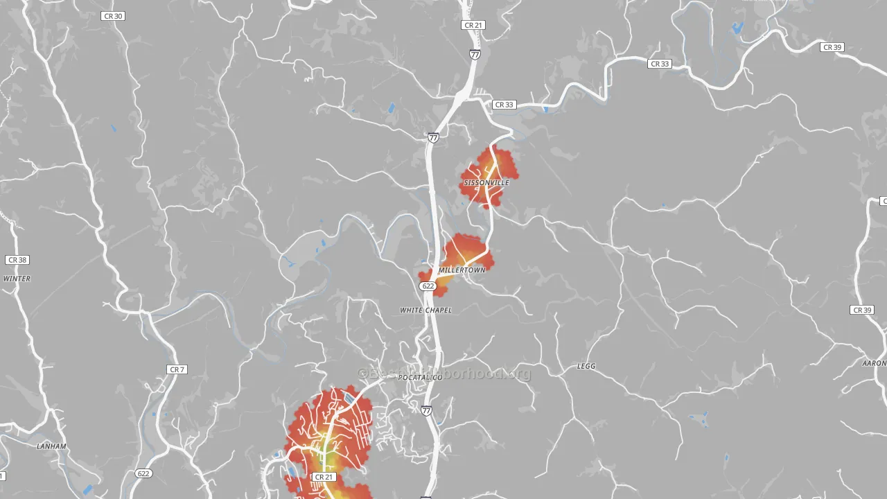 Walk Grade map of 25320, WV, walkable areas in green and car-dependent areas in red