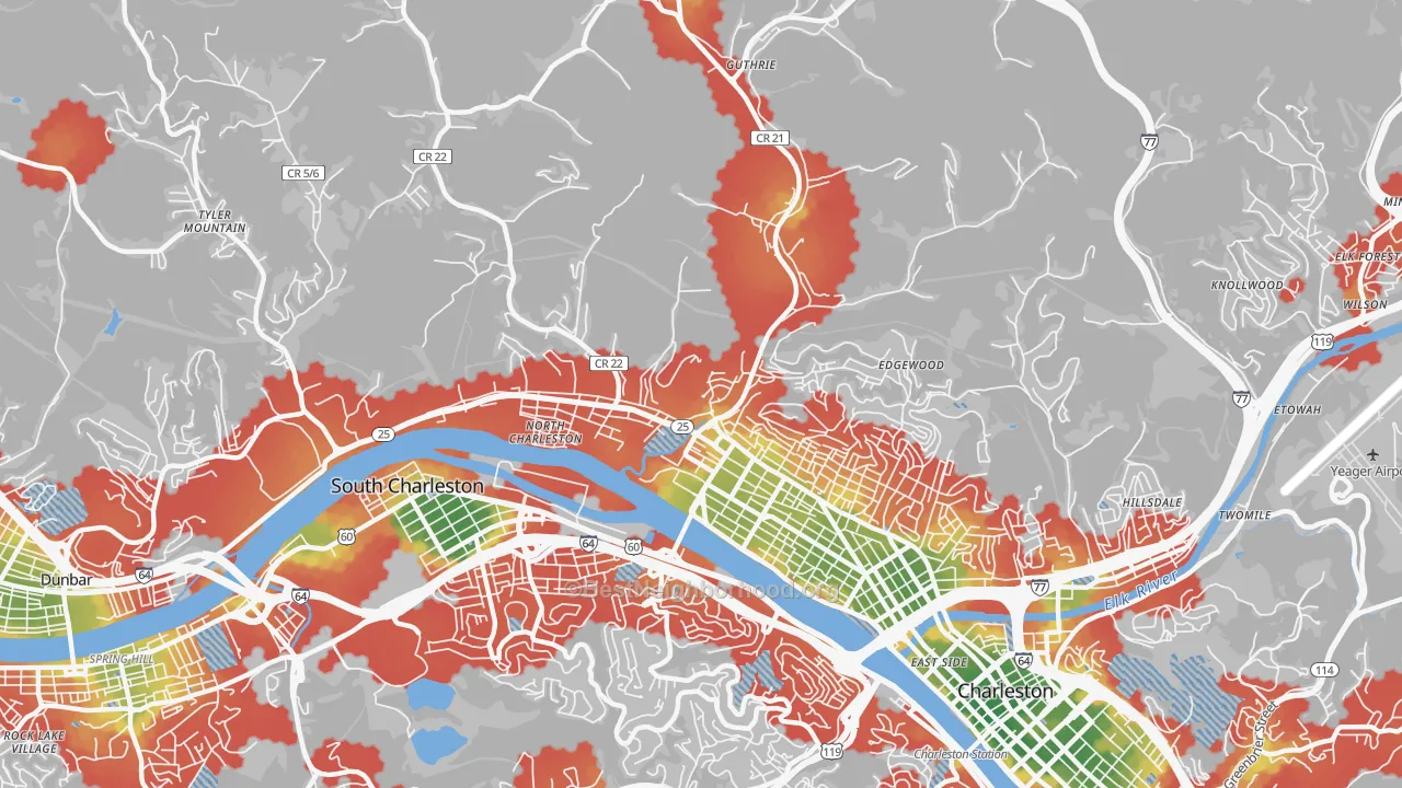Walk Grade map of 25387, WV, walkable areas in green and car-dependent areas in red