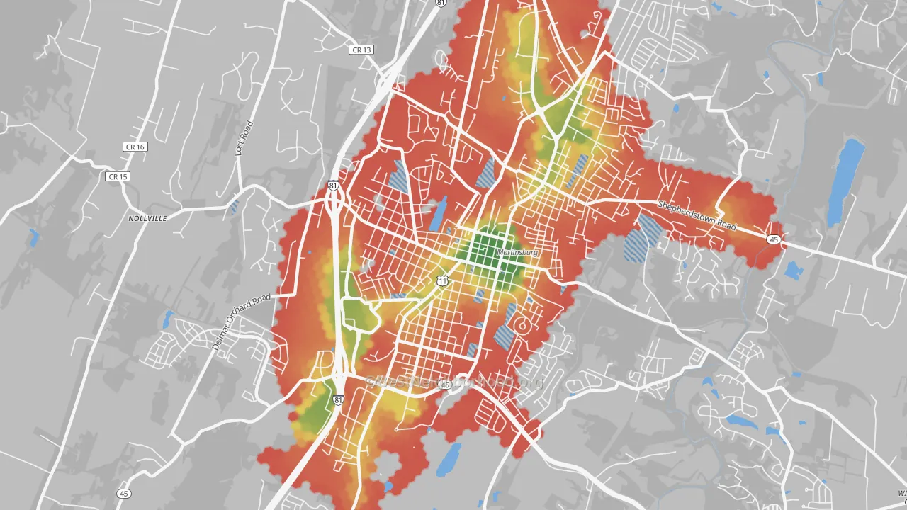 Walk Grade map of 25401, WV, walkable areas in green and car-dependent areas in red