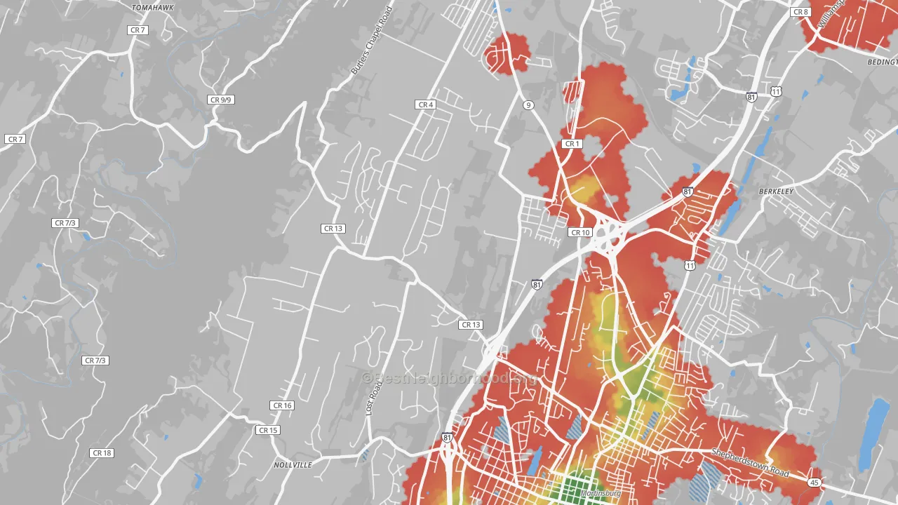 Walk Grade map of 25403, WV, walkable areas in green and car-dependent areas in red