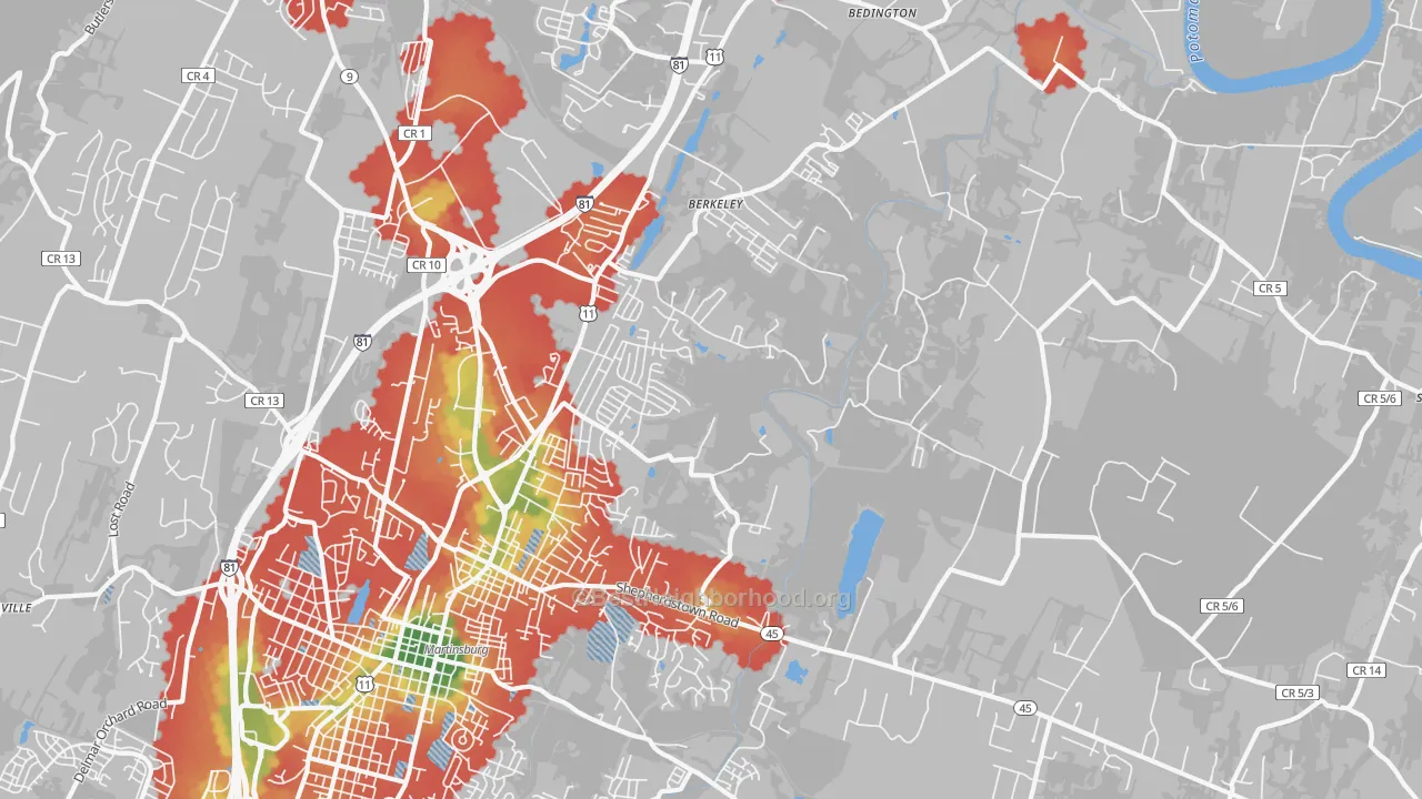 Walk Grade map of 25404, WV, walkable areas in green and car-dependent areas in red
